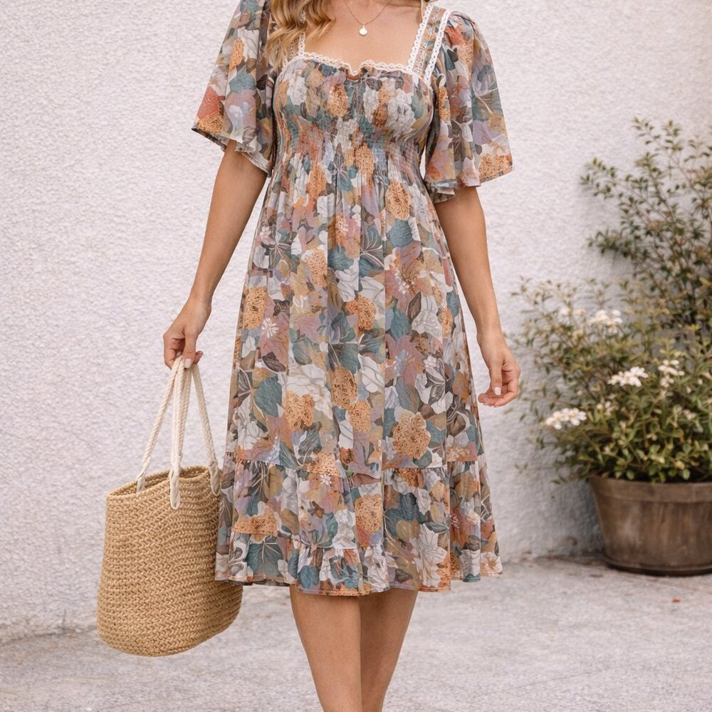 Jodifl Floral Boho Dress, Eyelet Lace Trim Ruffle Sleeve Knee Length Dress Large